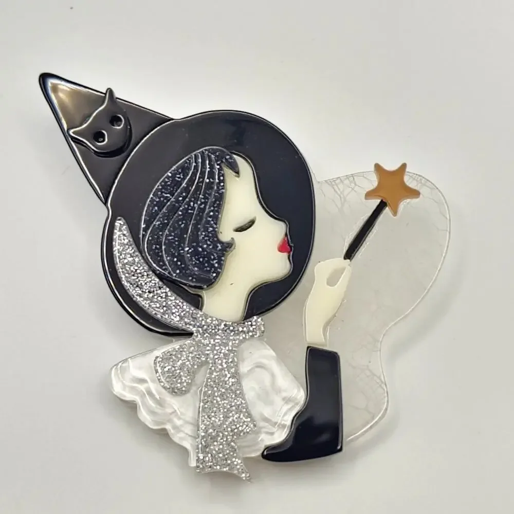 Black Hat Witch Layered Acrylic Brooch Cat and Wand Halloween Witchy